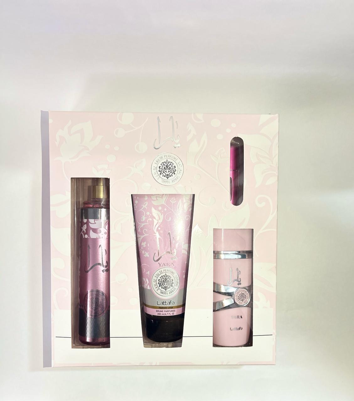 Set 4 En 1 Yara Lattafa:Perfume, crema, perfumero y splash