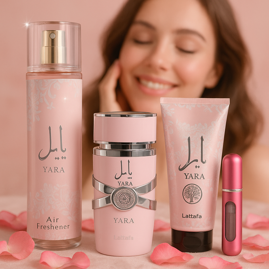 Set 4 En 1 Yara Lattafa:Perfume, crema, perfumero y splash