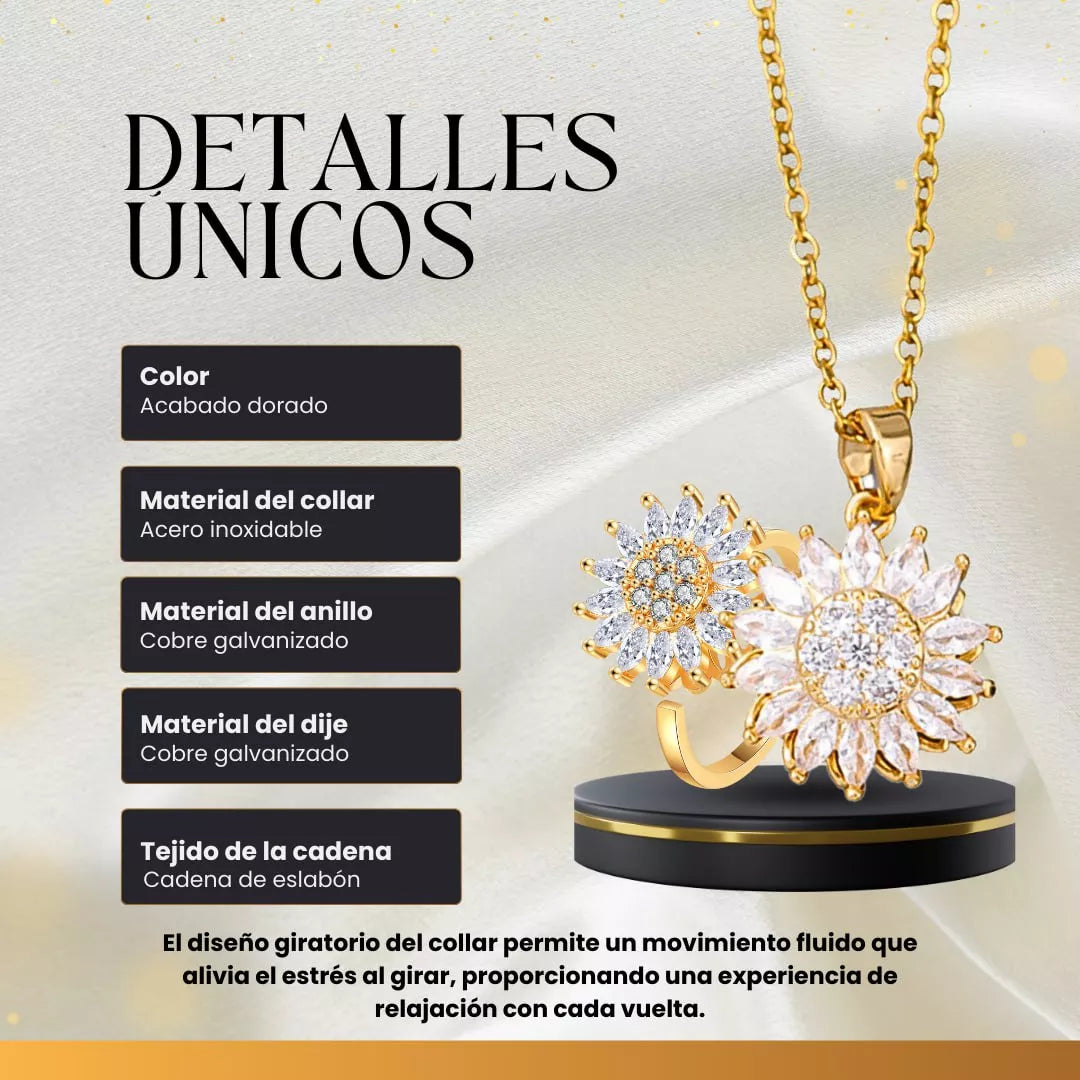 🌻 COMBO 2X1 🌻 Anillo + Cadena Girasol Giratorio 🌟 Incluye Caja de Lujo.
