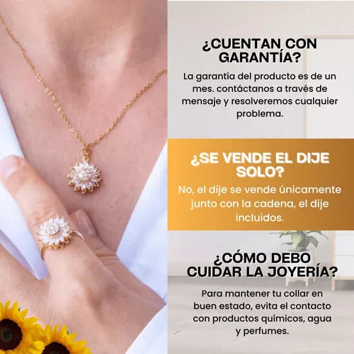 🌻 COMBO 2X1 🌻 Anillo + Cadena Girasol Giratorio 🌟 Incluye Caja de Lujo.