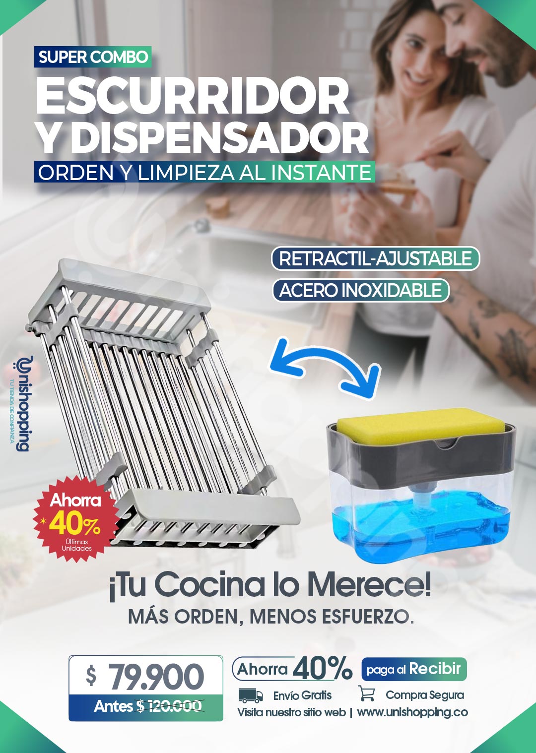 🚀💦Escurridor Retráctil + Dispensador de Jabón: ¡Adiós Desorden, Hola Comodidad! 🧼✨