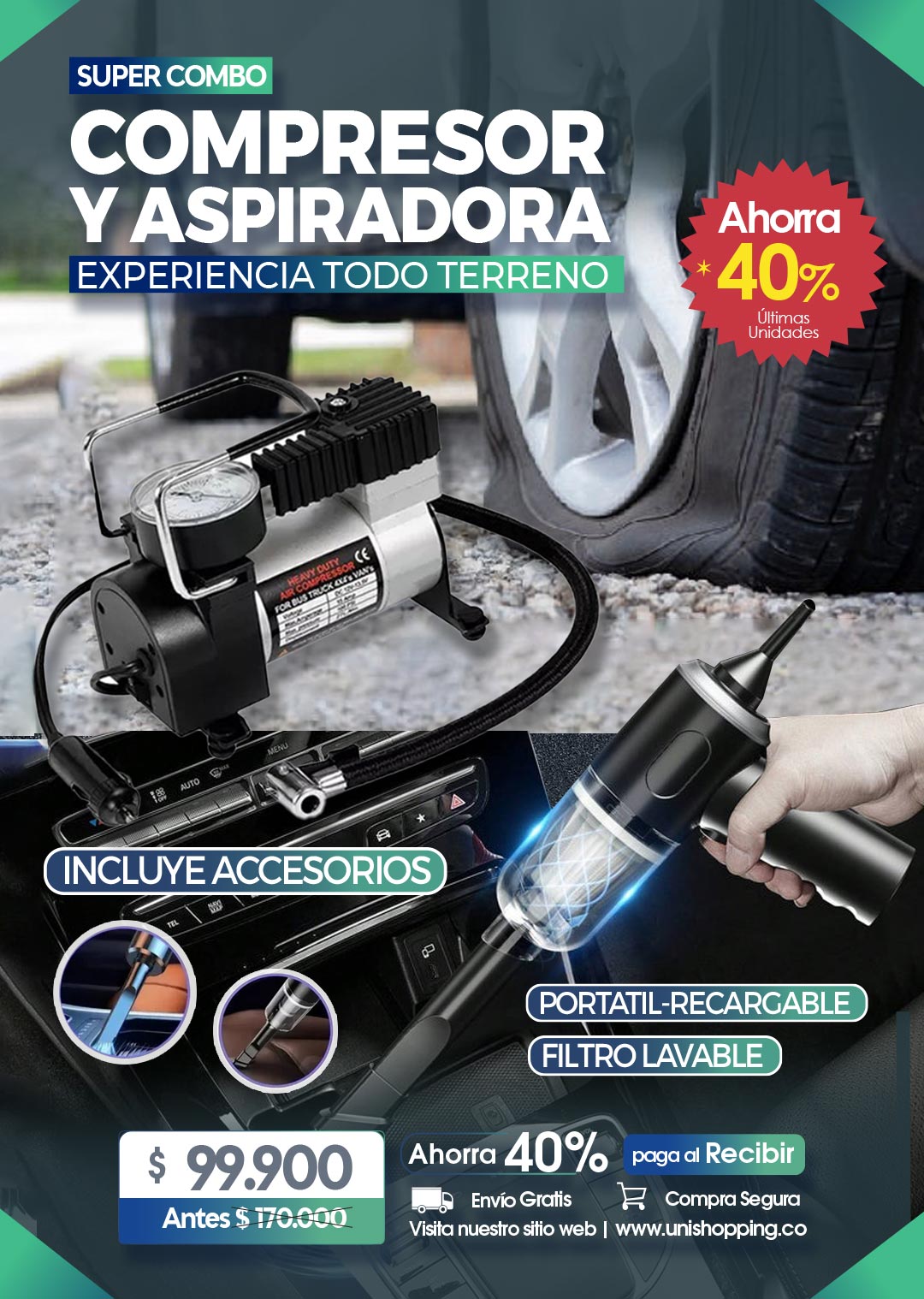 🔥 COMBO TODO TERRENO: COMPRESOR DE AIRE + ASPIRADORA PORTÁTIL 🔥