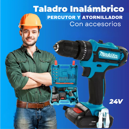 ⚡TALADRO (PERCUTOR Y ATORNILLADOR) MAKITA Pro 24V™ Inalámbrico + Kit de Herramientas 🛠️