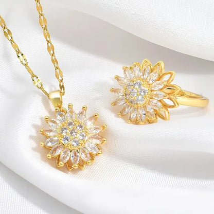 🌻 COMBO 2X1 🌻 Anillo + Cadena Girasol Giratorio 🌟 Incluye Caja de Lujo.