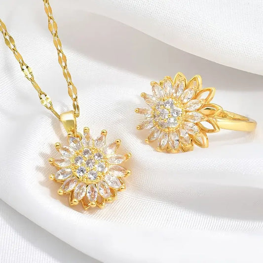🌻 COMBO 2X1 🌻 Anillo + Cadena Girasol Giratorio 🌟 Incluye Caja de Lujo.