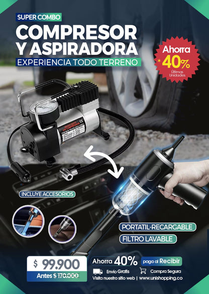 🔥 COMBO TODO TERRENO: COMPRESOR DE AIRE + ASPIRADORA PORTÁTIL 🔥