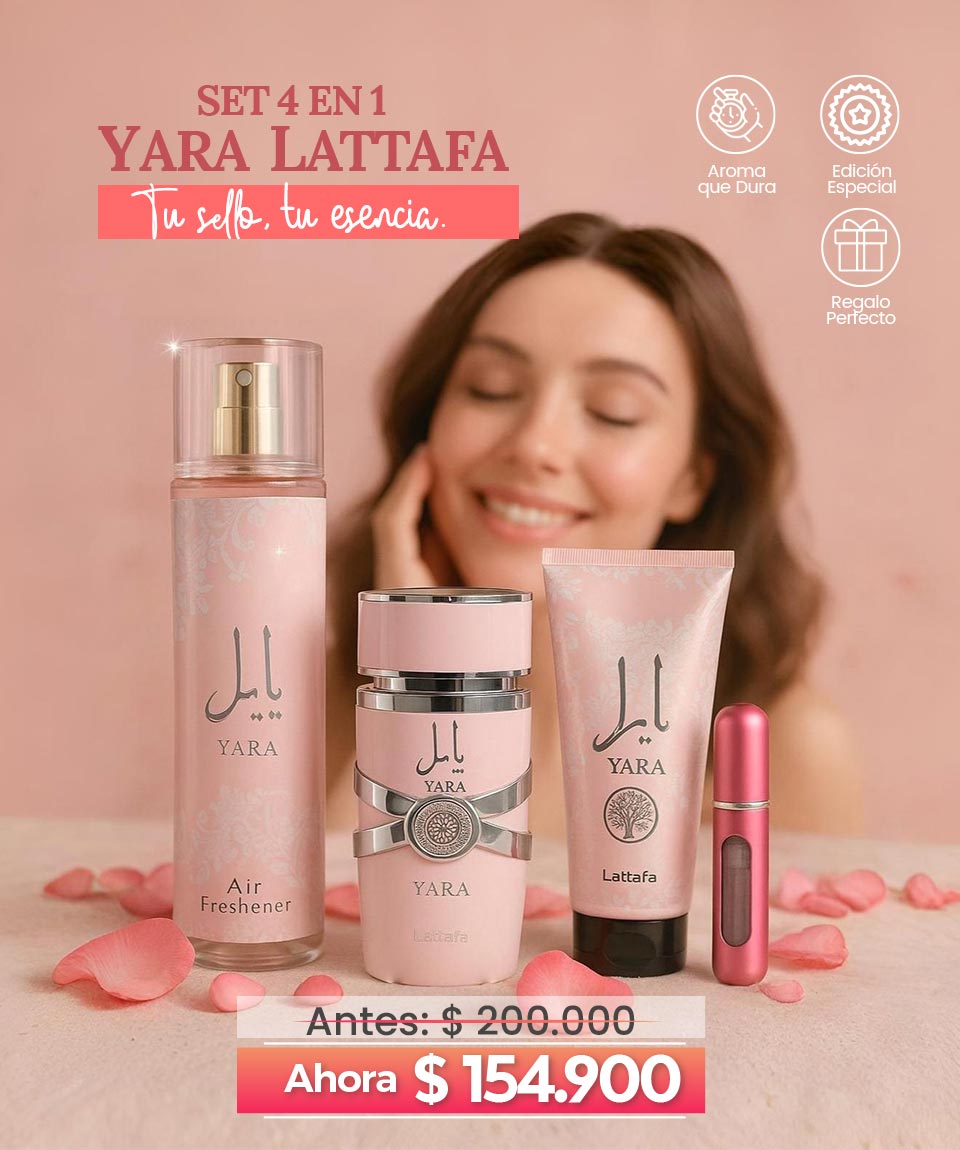 Set 4 En 1 Yara Lattafa:Perfume, crema, perfumero y splash